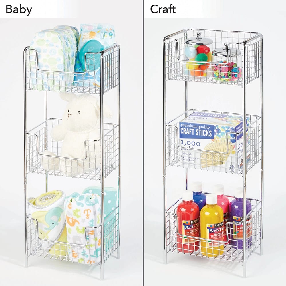 mDesign Steel Freestanding 3-Tier Storage Tower, Chrome