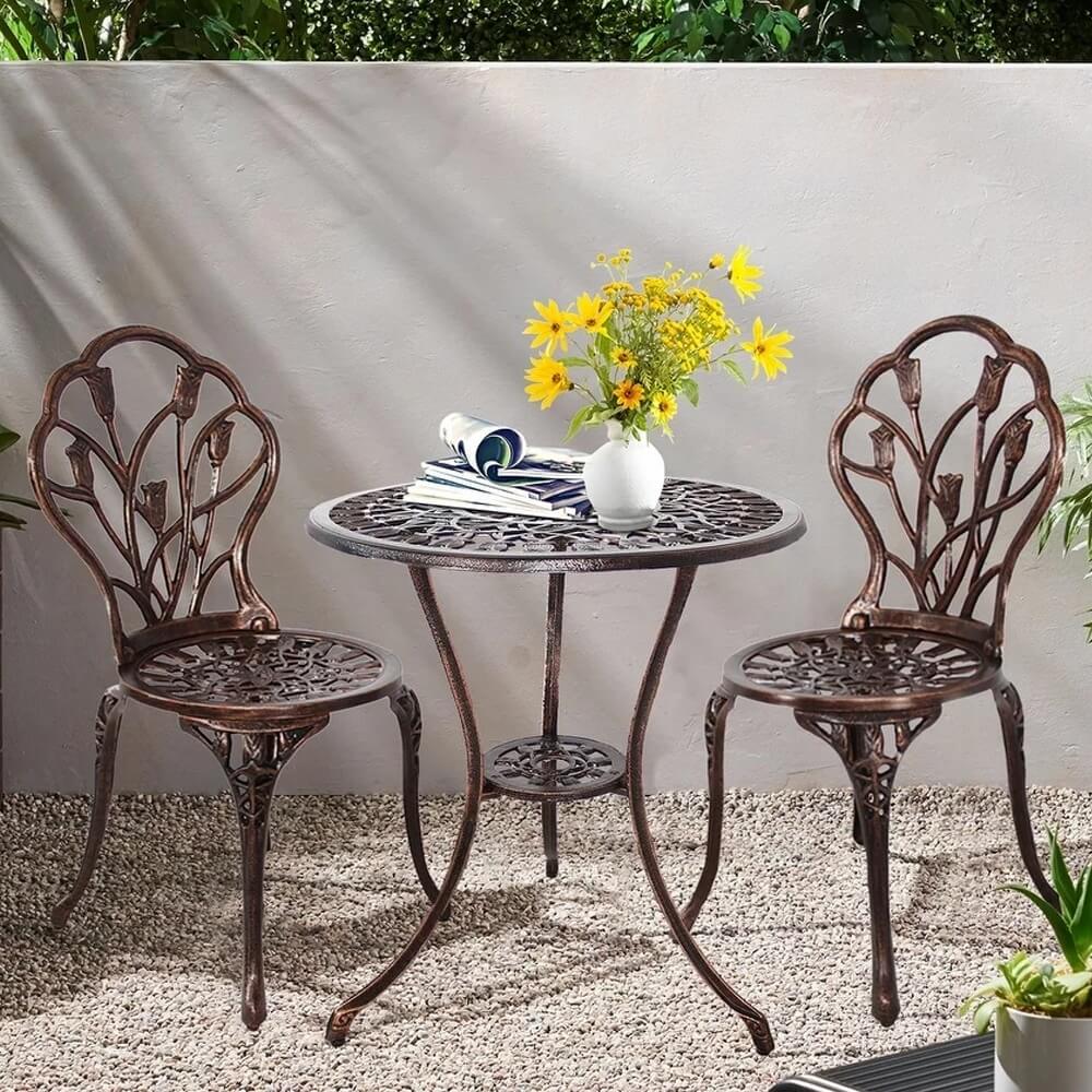 3-Piece Cast Aluminum Outdoor Bistro Set with Tulip Design, Bronze