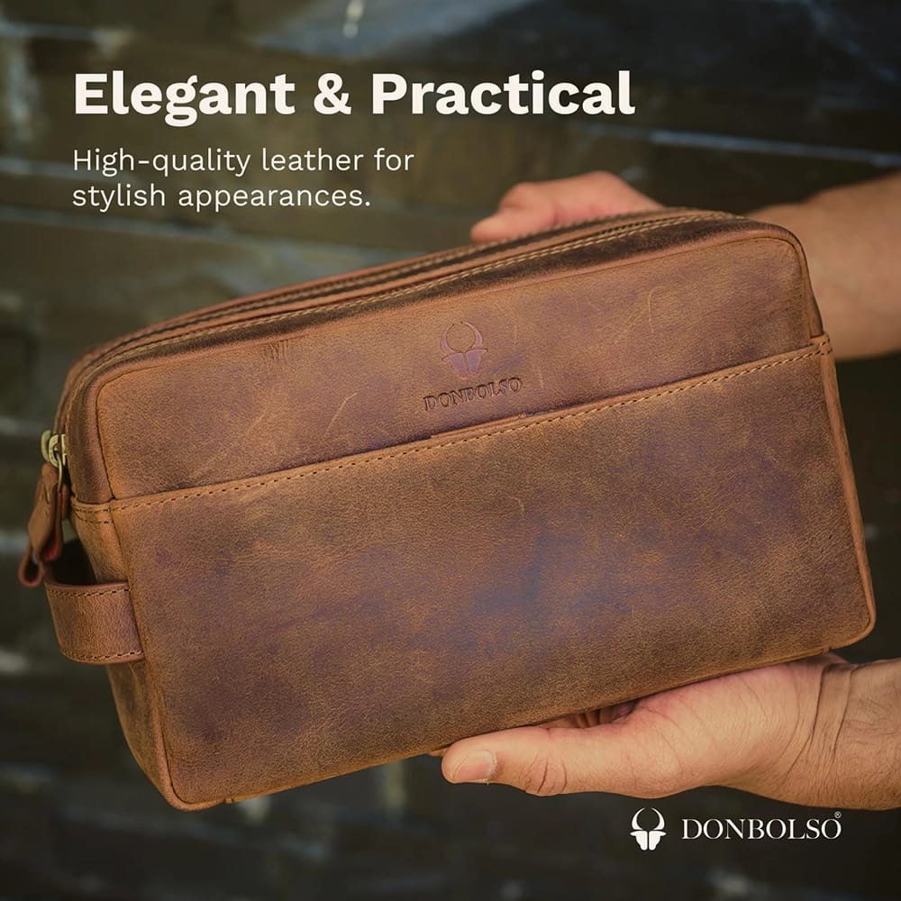 DONBOLSO Leather Toiletry Bag, Brown