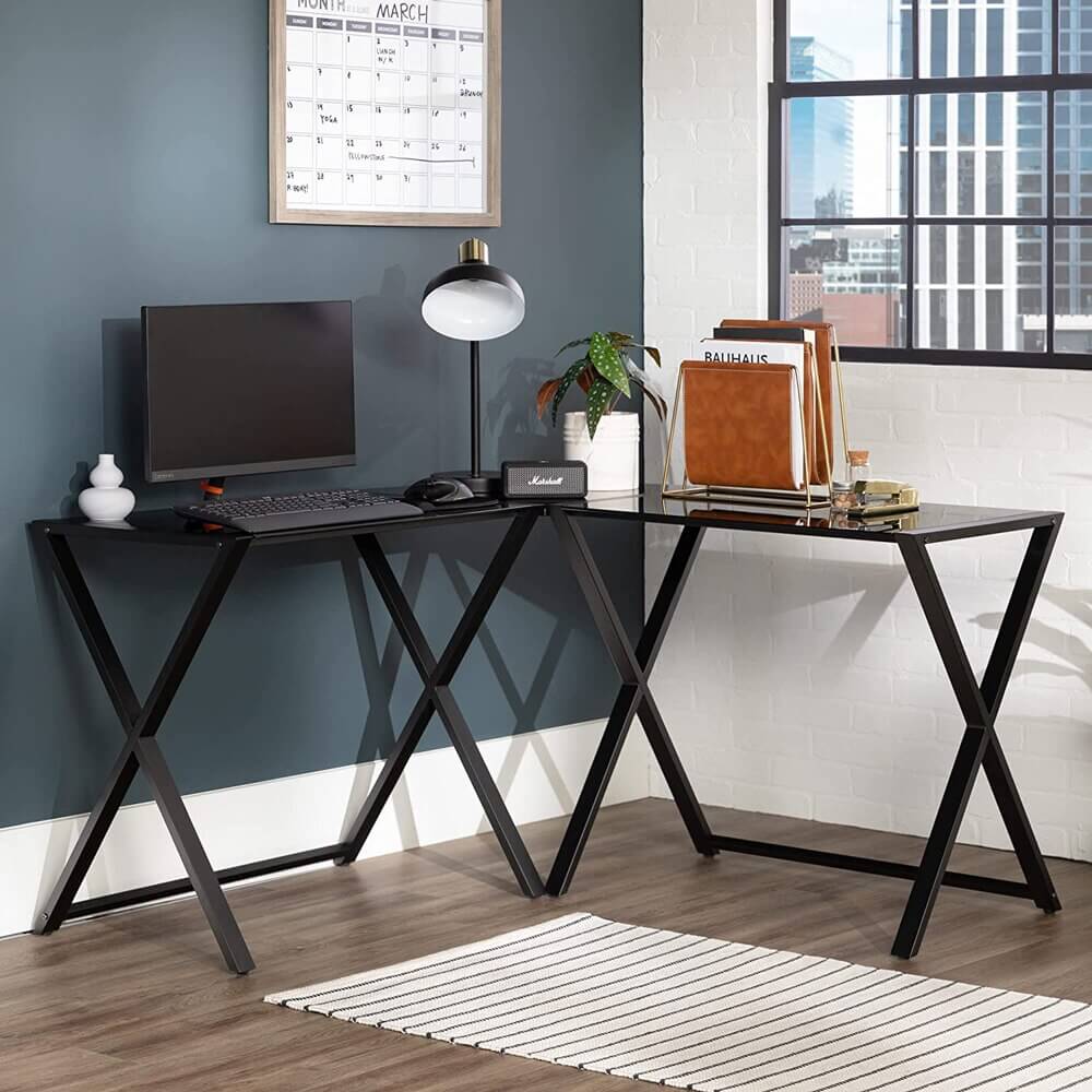 Walker Edison L-Shaped Modern X-Leg Glass Corner Computer Desk, Black