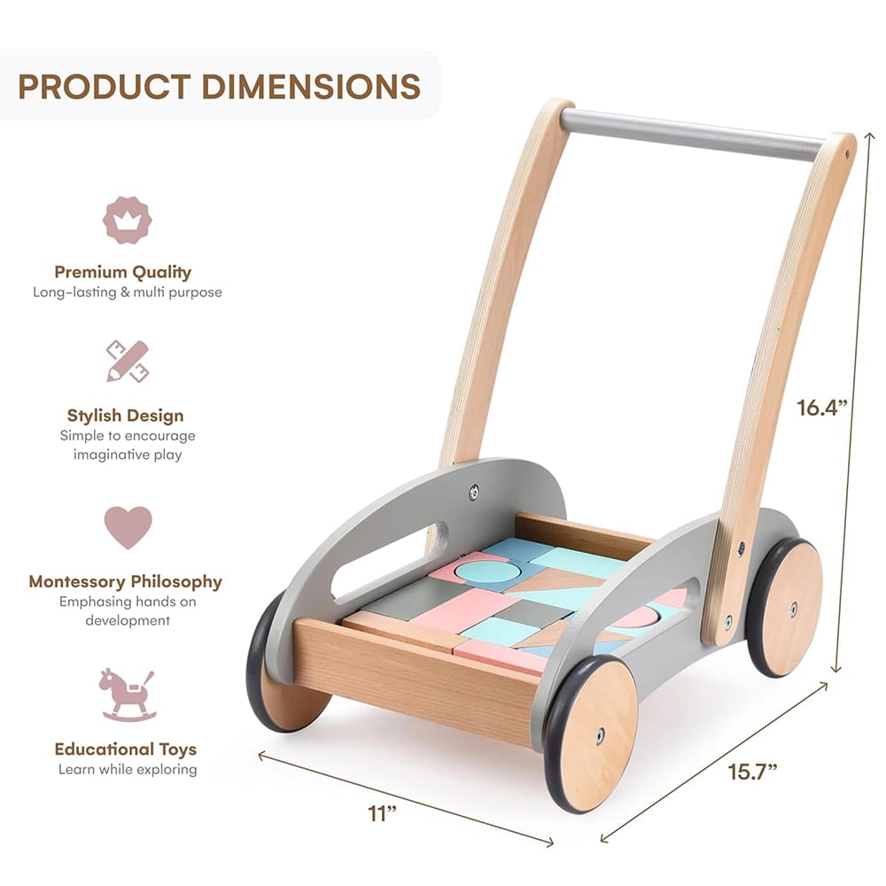 Childlike Behavior Wooden Baby Push Walker with Wheels, Gray
