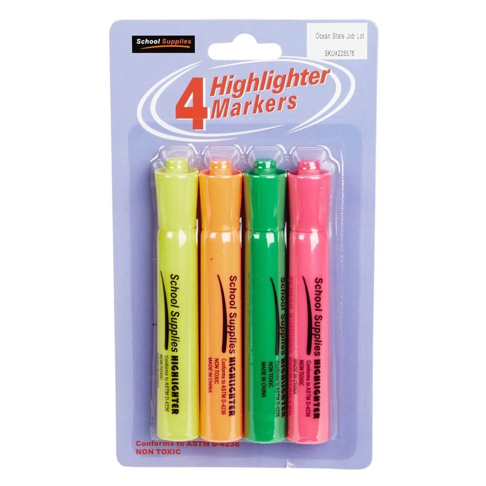School Supplies Highlighter Markers, 4-Count
