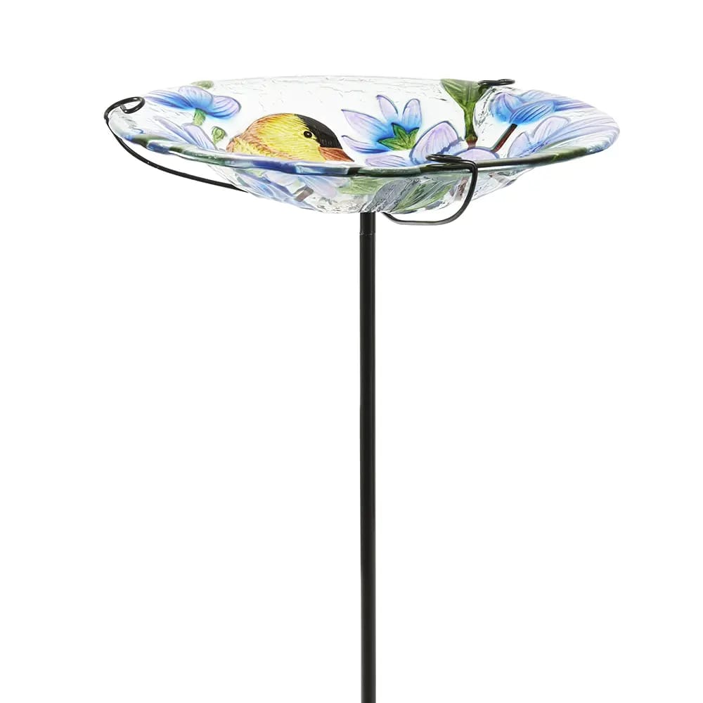 Glass Gold Finch & Flowers Bird Bath, 12"