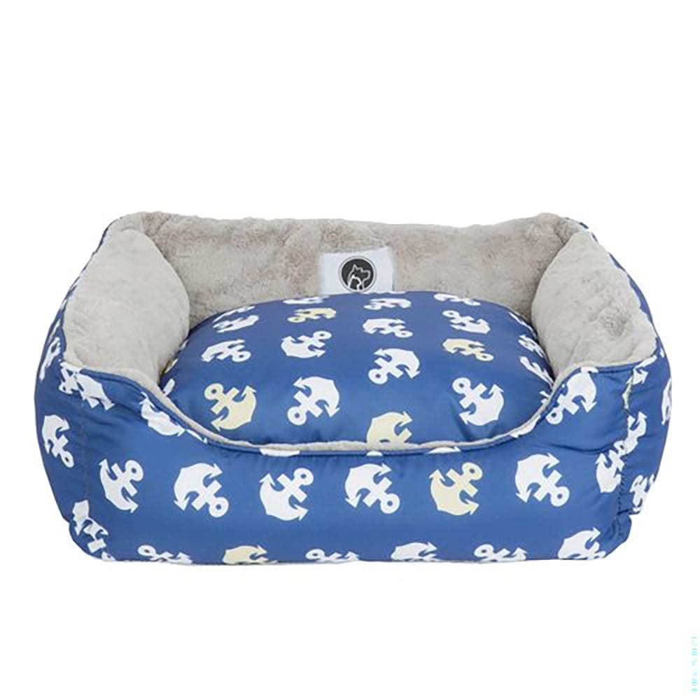 PETIQUE Small Reversible Pet Bed, Gray/ Blue Anchors