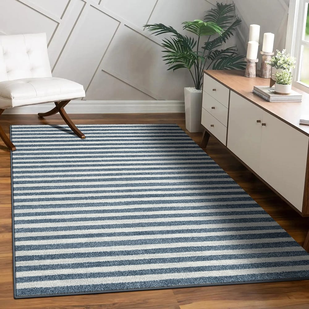 Daphnes 8'6" x 12'5" Contemporary Striped Area Rug, Blue/Cream