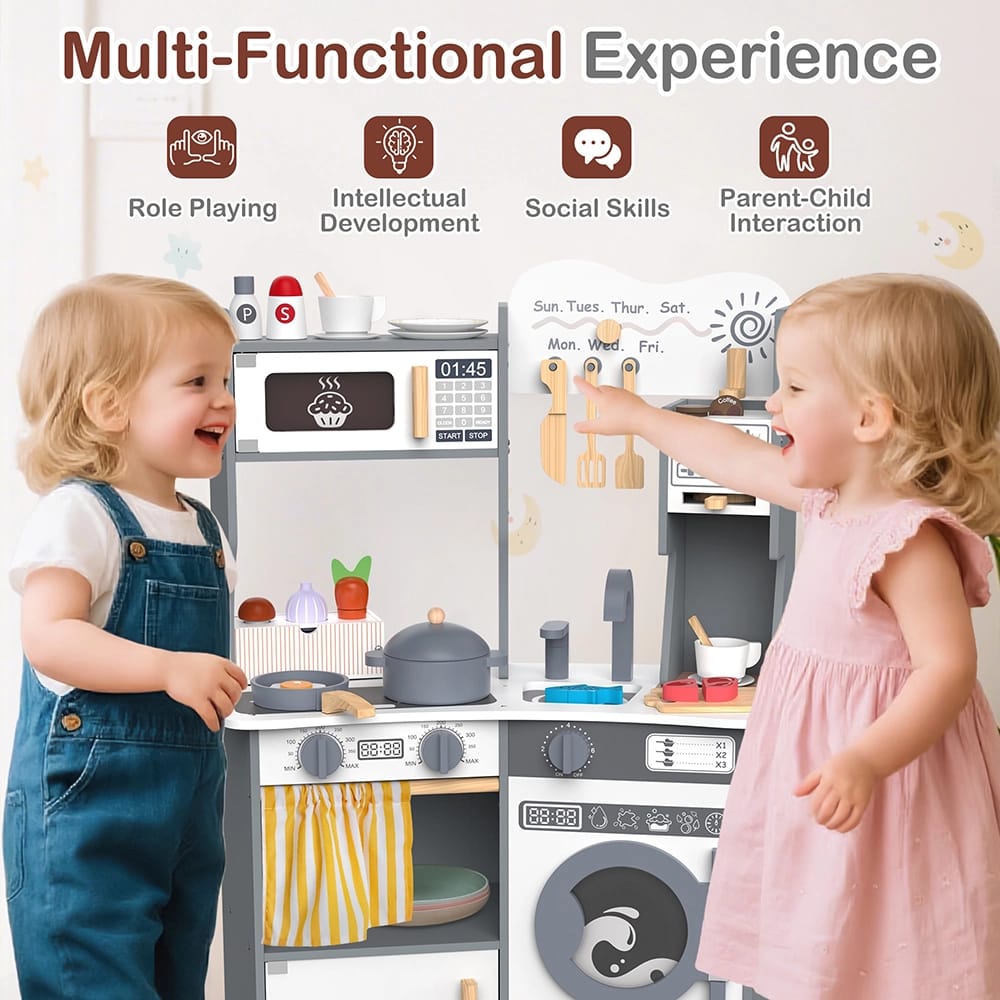 Large Wooden Kids Play Kitchen, Gray