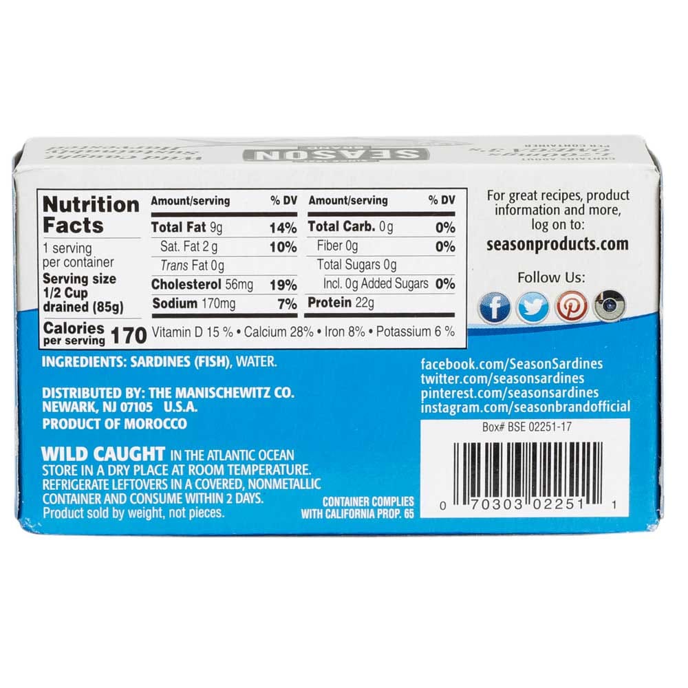 Season Brand Sardines in Water, No Salt Added, 4.37 oz