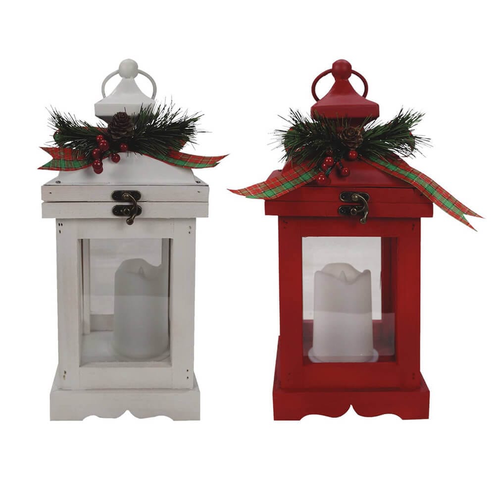 Alpine 14" Rustic Lantern with Warm White LED Candle, Set of 2, Red/White