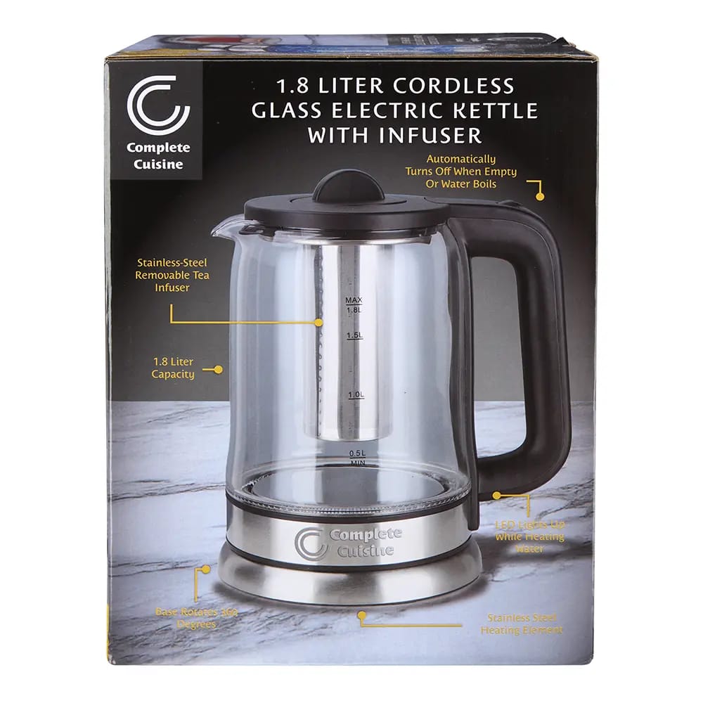 Complete Cuisine 1.8L Cordless Glass Electric Kettle with Infuser