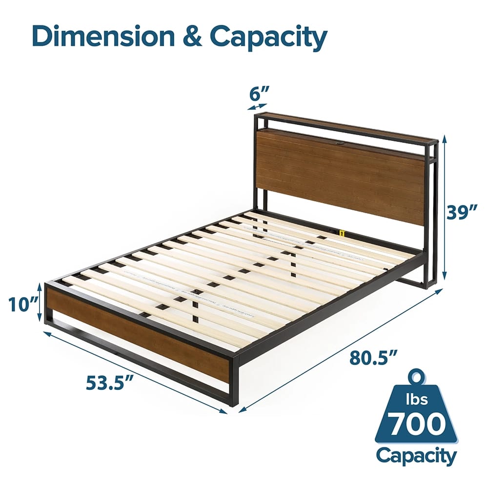 Zinus Suzanne Platform Bed with Headboard Shelf, Full, Brown/Black