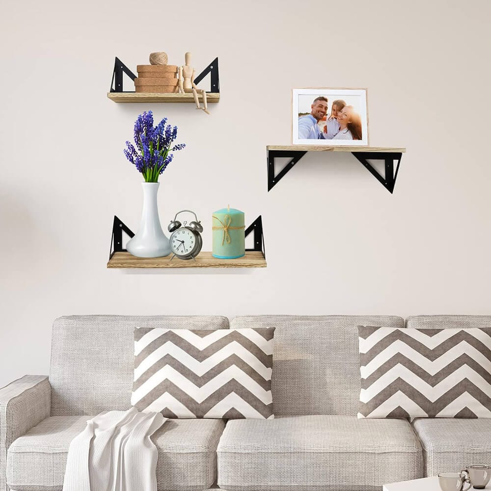 Greenco Wall-Mounted Floating Shelves with Triangle Brackets, Set of 3, Rustic Brown/Black