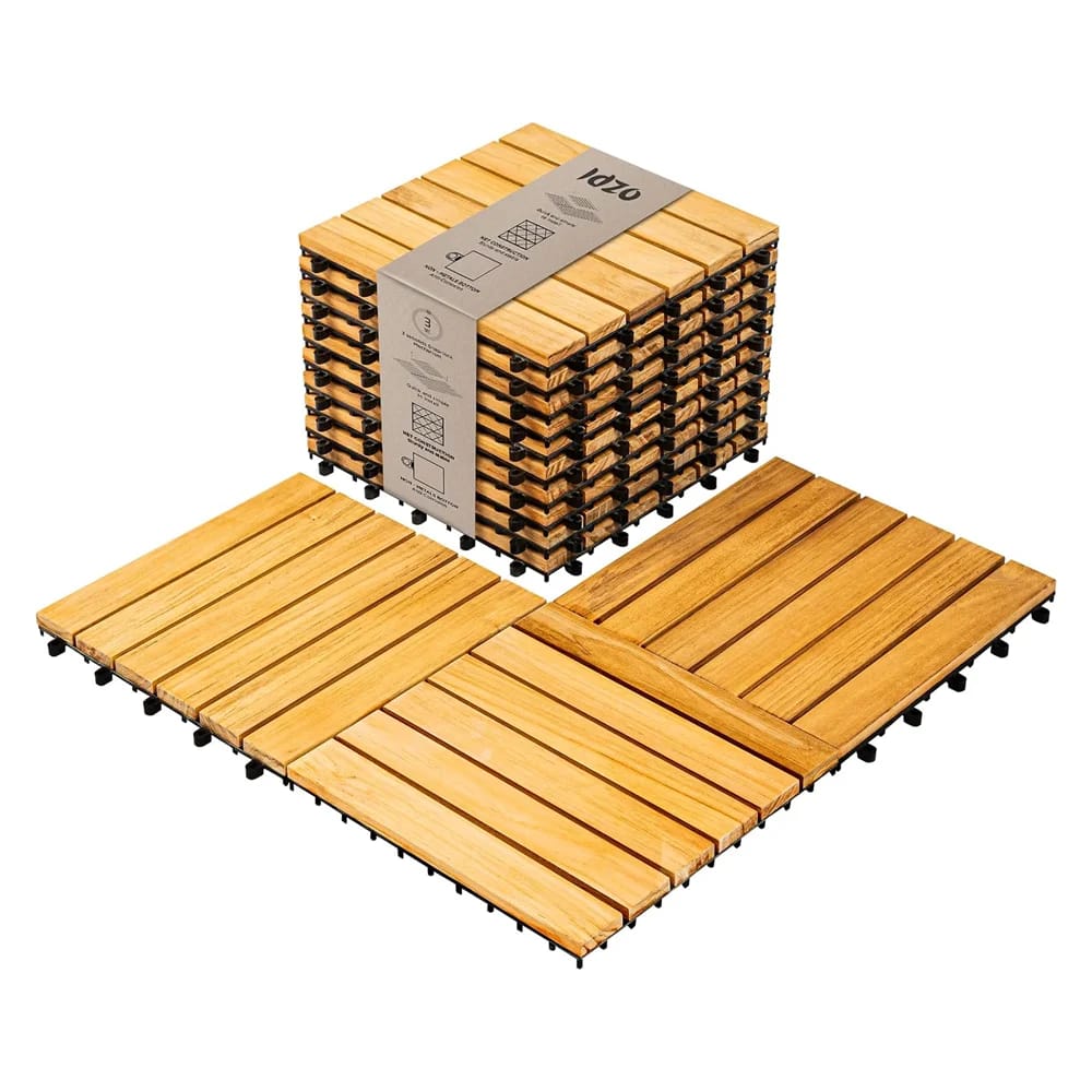 Idzo Acadia Wood Interlocking Deck Tiles, Natural, 6 Slats, 10 pk