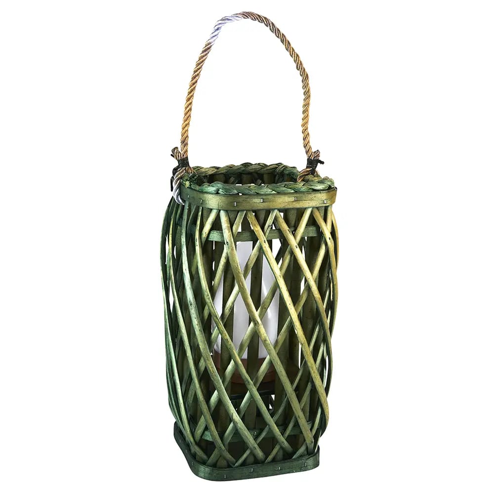 Barbara King Square Wicker Lantern With Remote, Green, 12"
