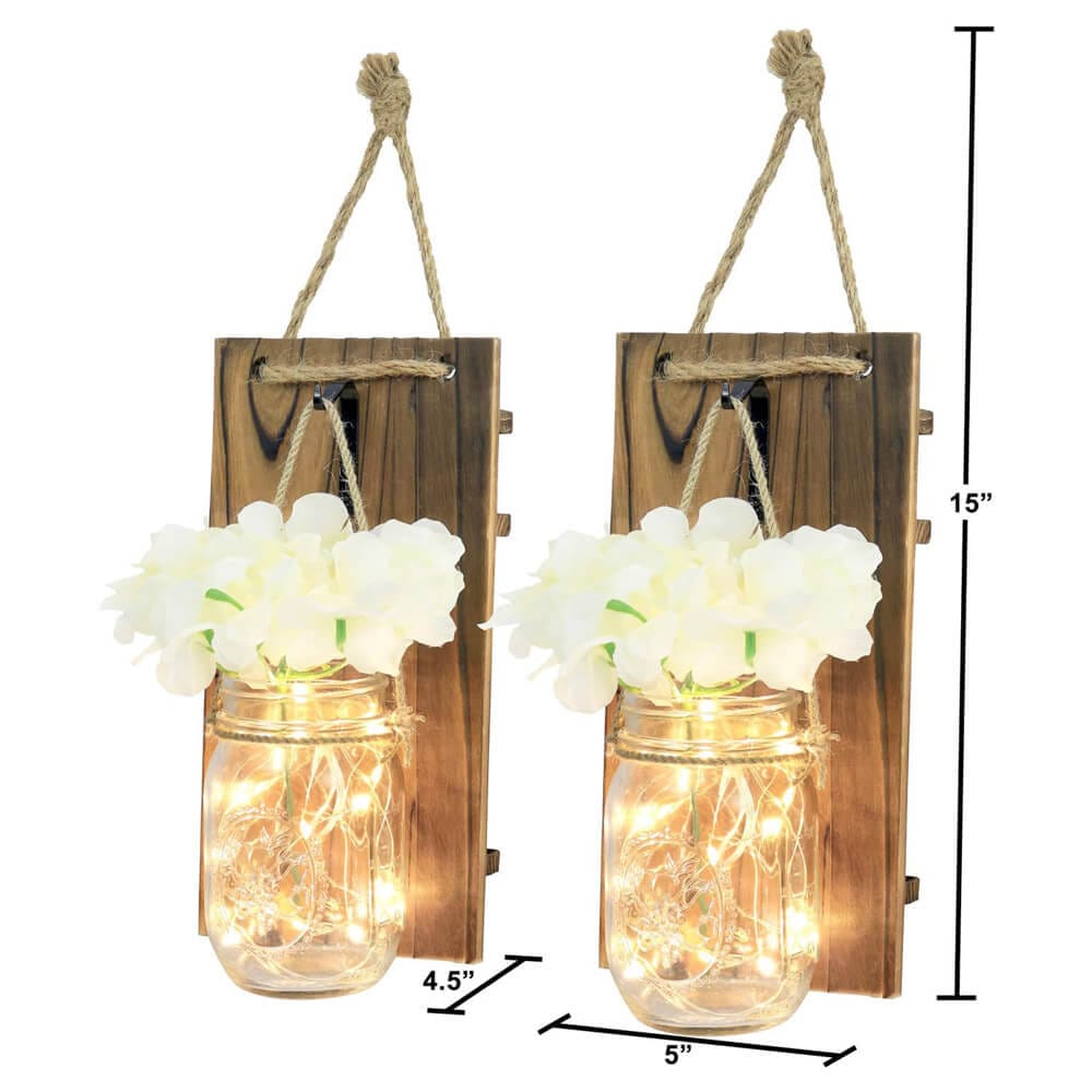 Greenco Rustic Style Wall-Mounted Mason Jar Sconce with Faux Flower & LED Strip Lights, Set of 2