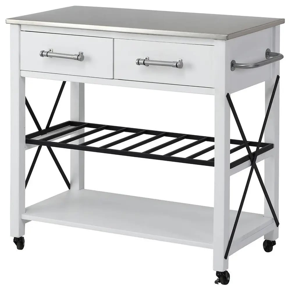 FirsTime & Co. Aurora Farmhouse Rolling Kitchen Cart with Stainless Steel Top, White