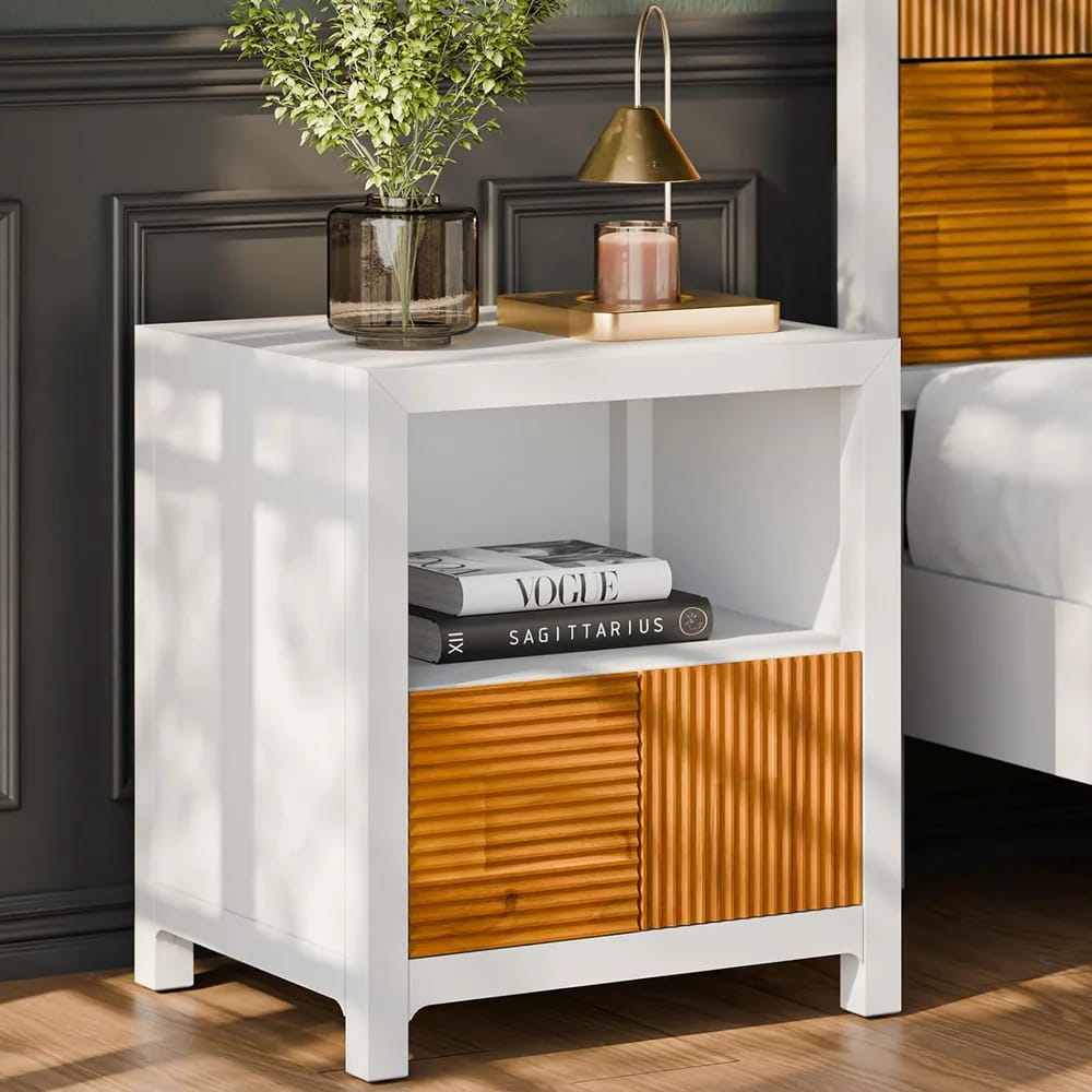 Bme Madia Solid Wood 1-Drawer Nightstand, Ivory/Teak