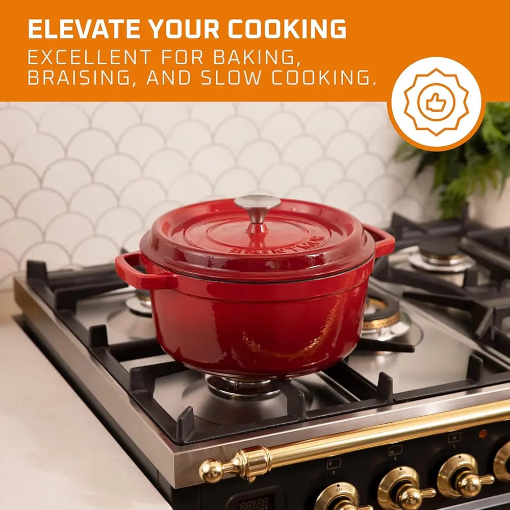 Bruntmor 6.5 qt Cast Iron Dutch Oven Casserole Dish, Red