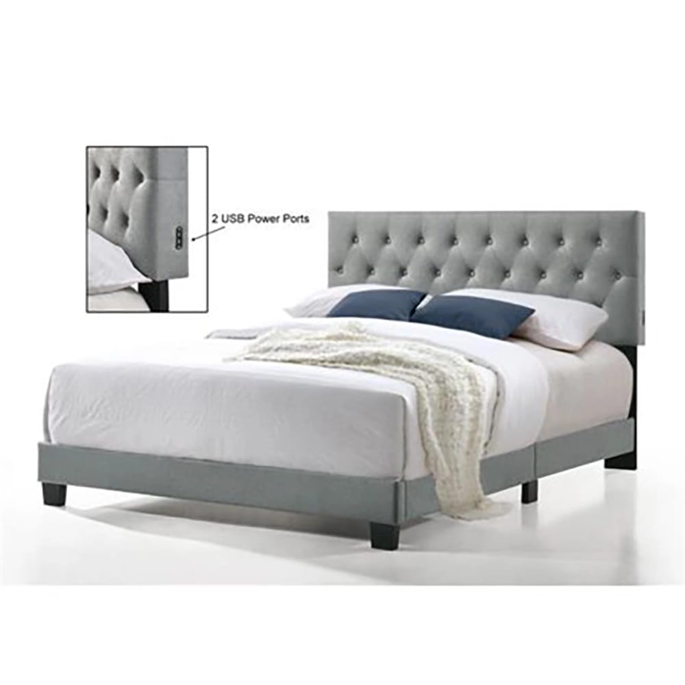 Belle Isle Furniture Royale Velvet Upholstered Bed with USB Charging Ports, Twin, Dark Gray