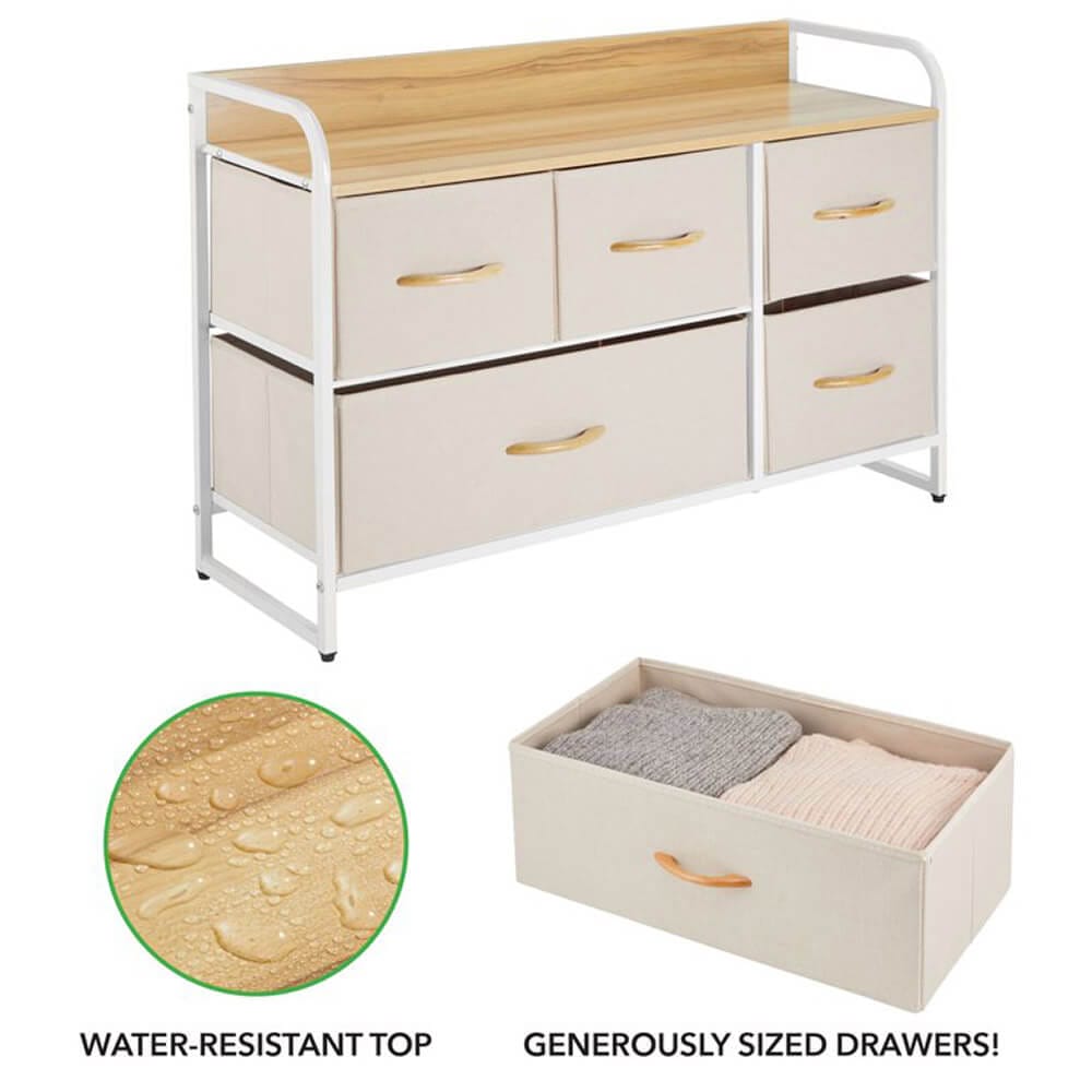 mDesign Wide Dresser with 5 Removable Fabric Drawers & Wood Top, Cream/White