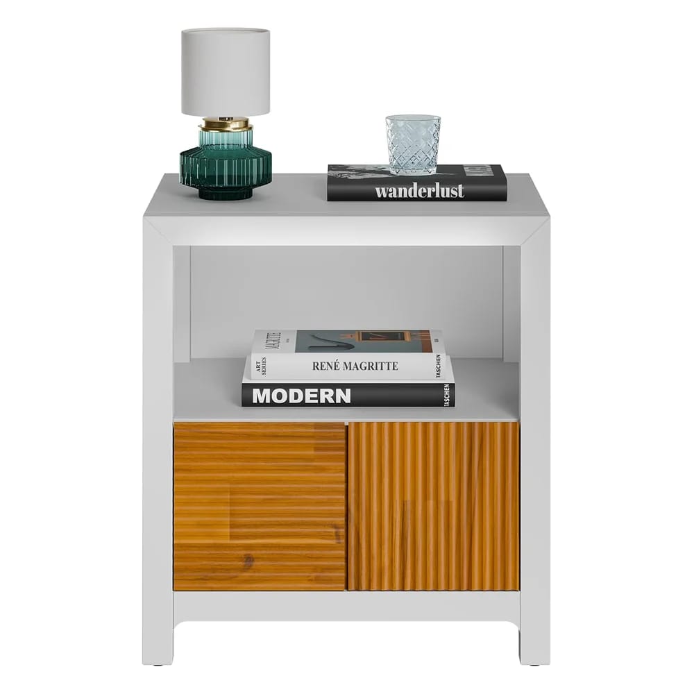 Bme Madia Solid Wood 1-Drawer Nightstand, Ivory/Teak
