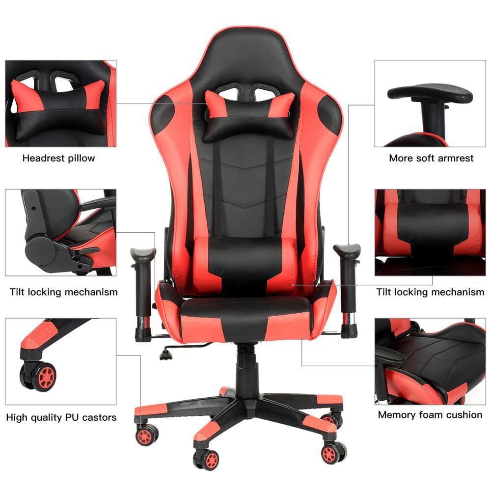 Ergonomic Gaming Chair with Headrest, Red