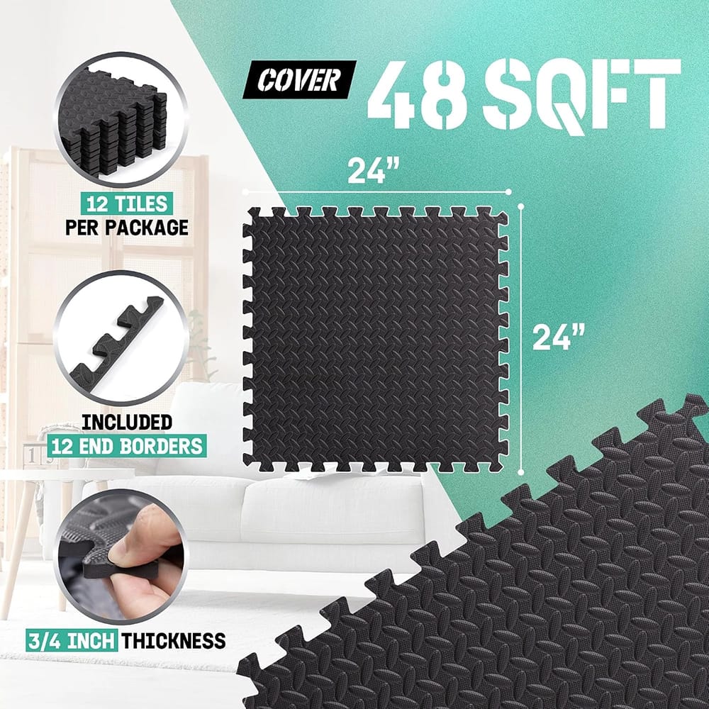 Yes4All EVA Interlocking Mats, Puzzle Floor Tiles, Black, 48 sq ft