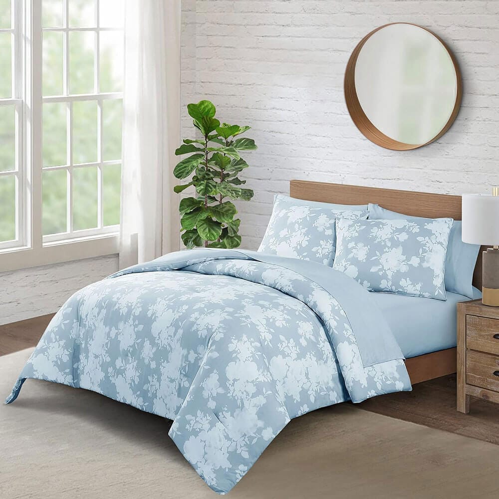 WellBeing by Sunham Luxurious Blend 3-Piece Floral Printed Comforter Set, King, Chambray