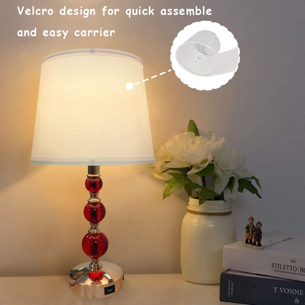 Retro Crystal Table Lamp with USB Ports and 3-Way Dimmable Touch Control, Red