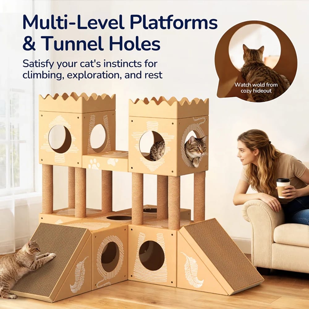 PalNests Large 3-in-1 Modular Cardboard Cat Tree & Scratcher House, Nature