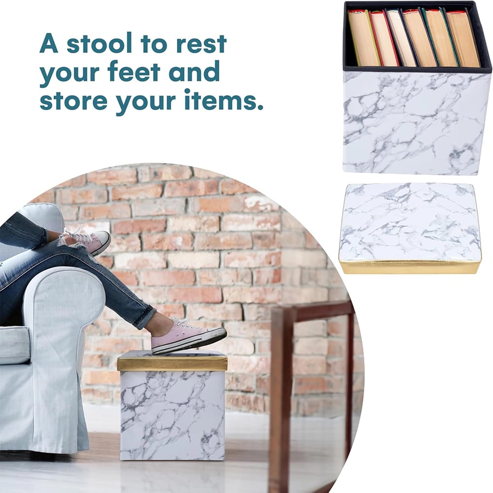 Storage Cube Stool, White Marble/ Gold