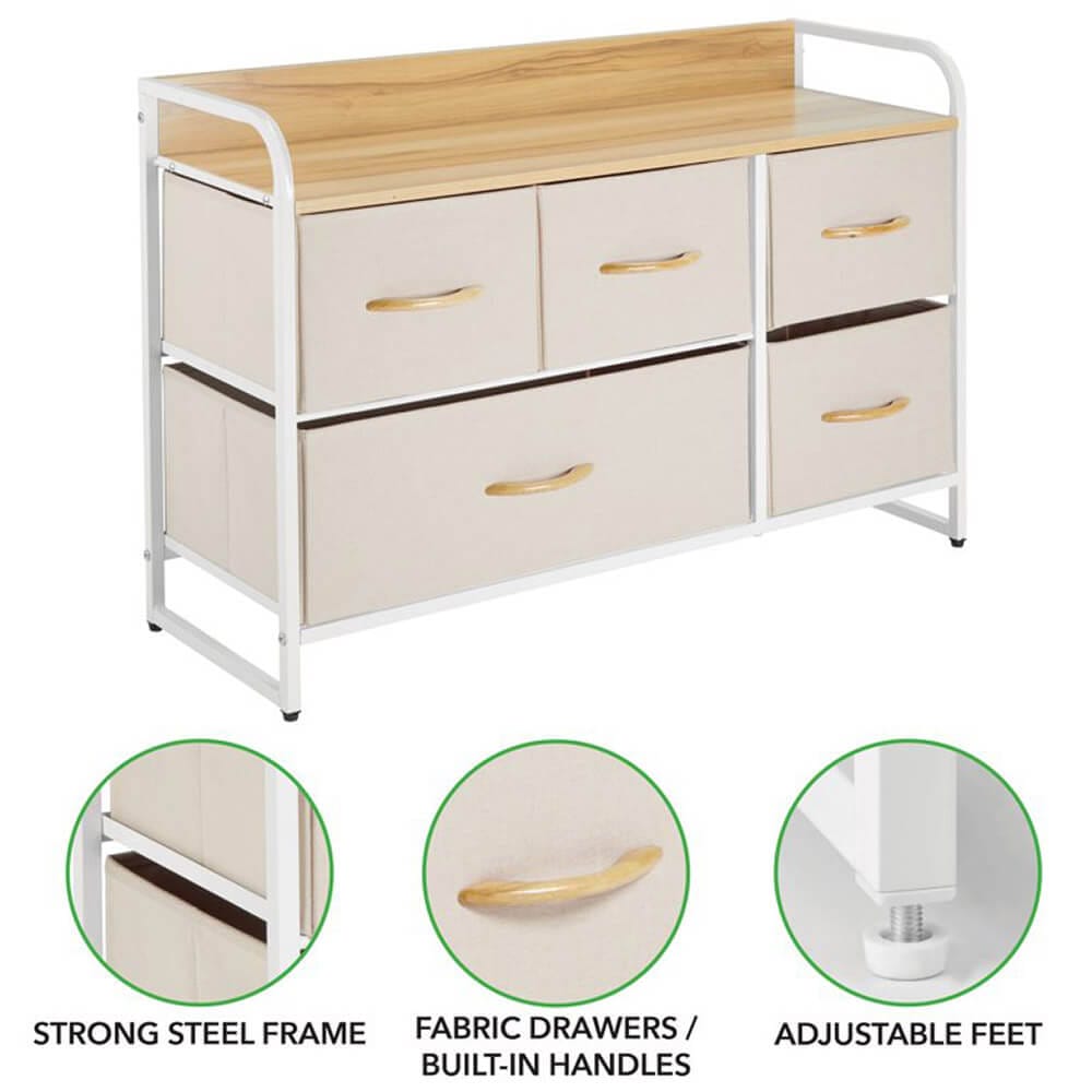 mDesign Wide Dresser with 5 Removable Fabric Drawers & Wood Top, Cream/White