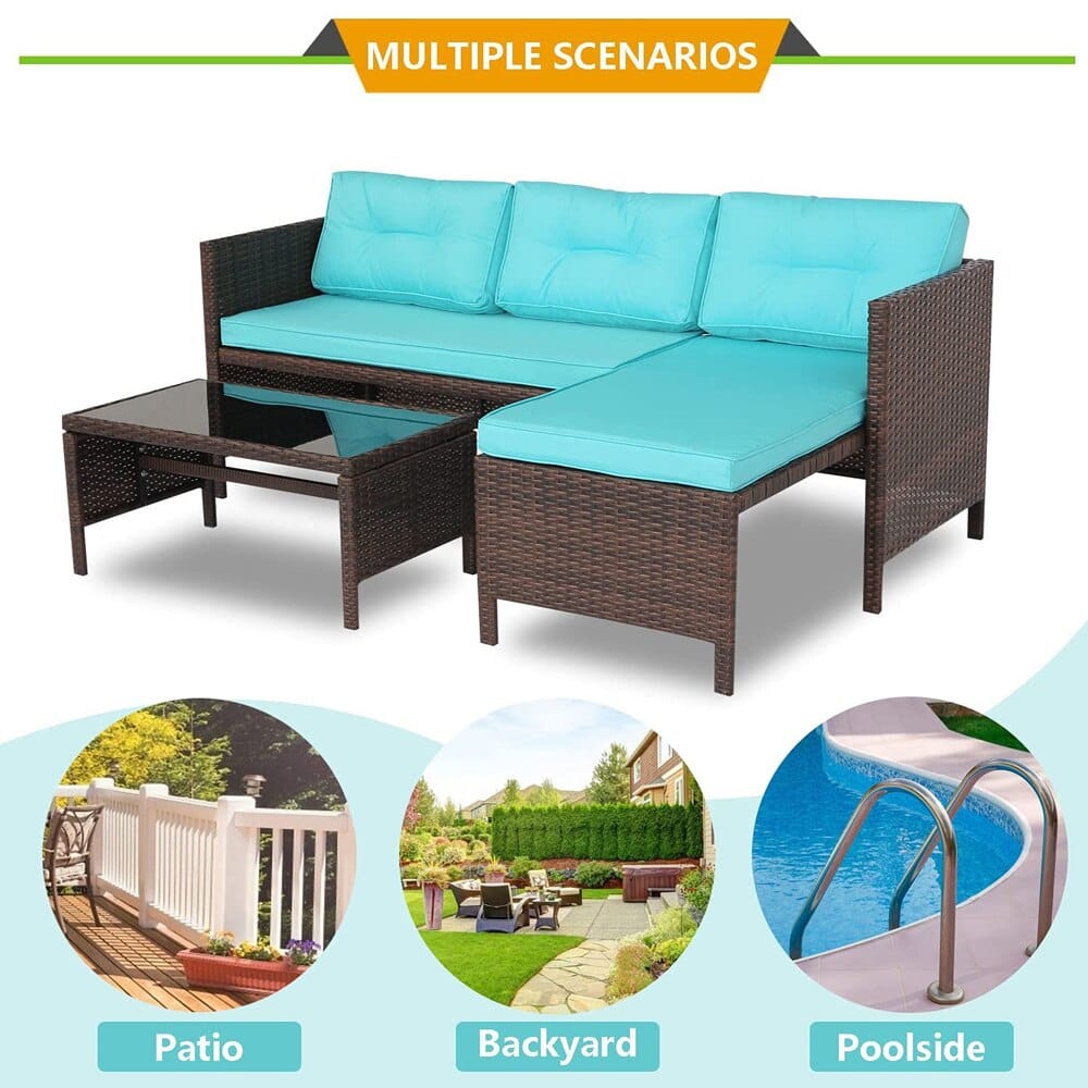 Outdoor Rattan Loveseat with Sectional Chaise Lounge, Turquoise