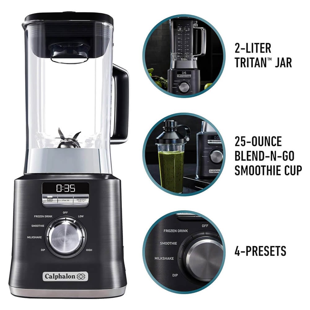 Calphalon Auto-Speed Blender with Blend-N-Go Smoothie Cup & BPA-Free Tritan Jar, Dark Stainless Steel