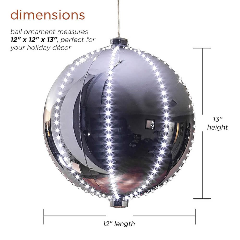 Alpine 13" Large Hanging Christmas Ball Ornament with 240 Warm White Chasing LED Lights & 6 Light Effects, Silver