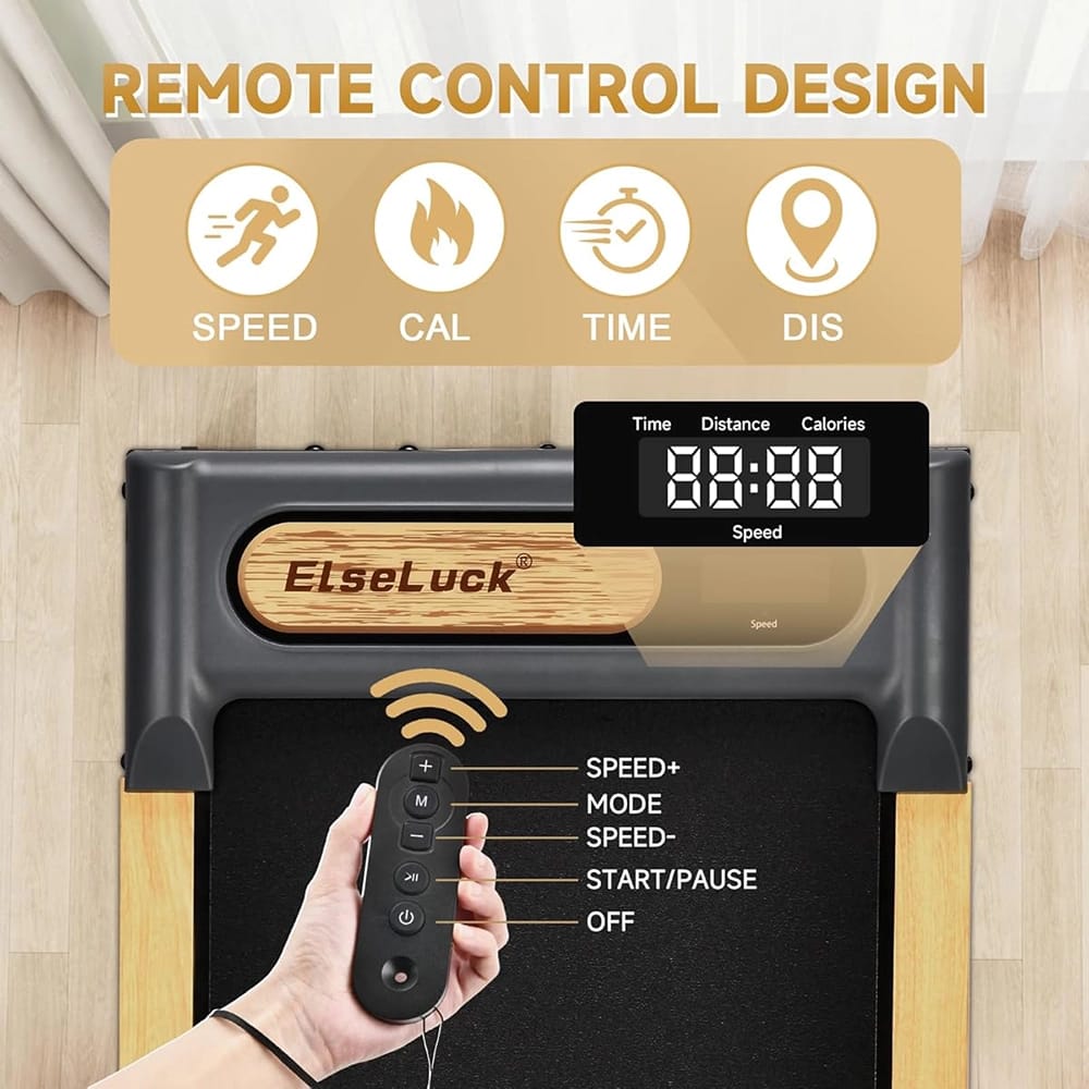 ElseLuck Walking Pad Treadmill, Black/Wooden Yellow