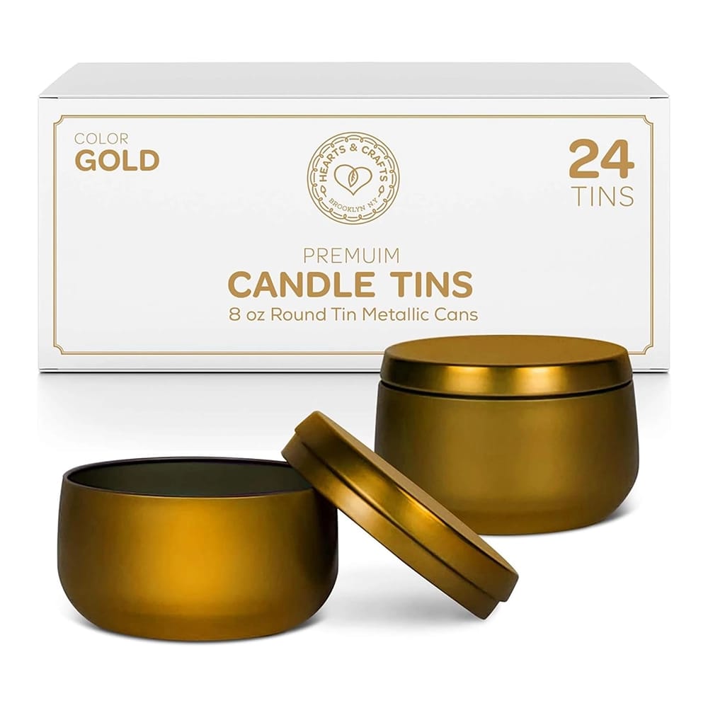 Hearts & Crafts 8 oz. Round Metal Candle Jars with Lids, Gold, 24 Pack