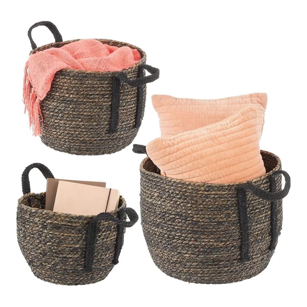 mDesign Round Woven Braided Rope Seagrass Basket, Black, 3 Pack