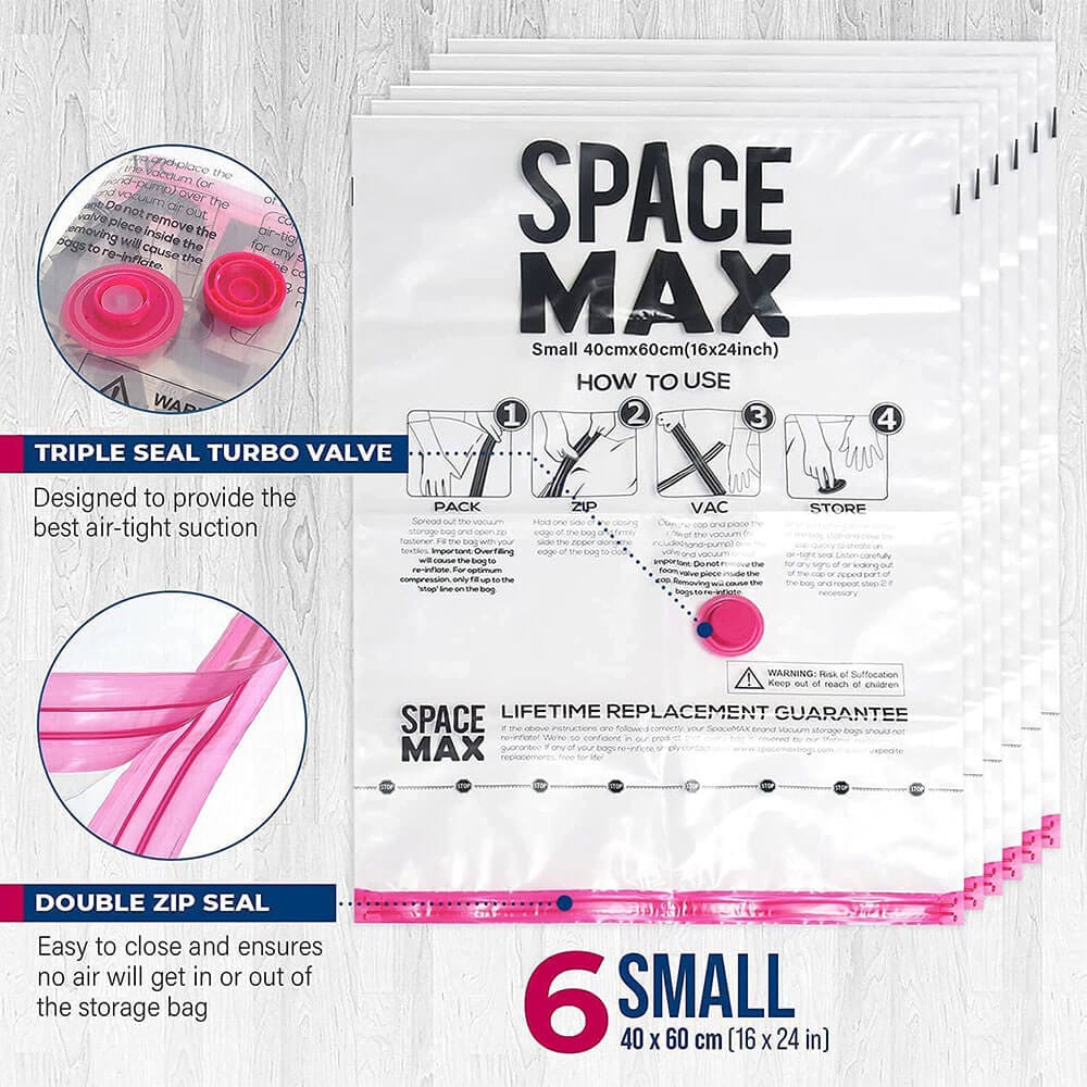 SPACE MAX Premium Space Saver Vacuum Storage Bags, Small Size, 6-Pack