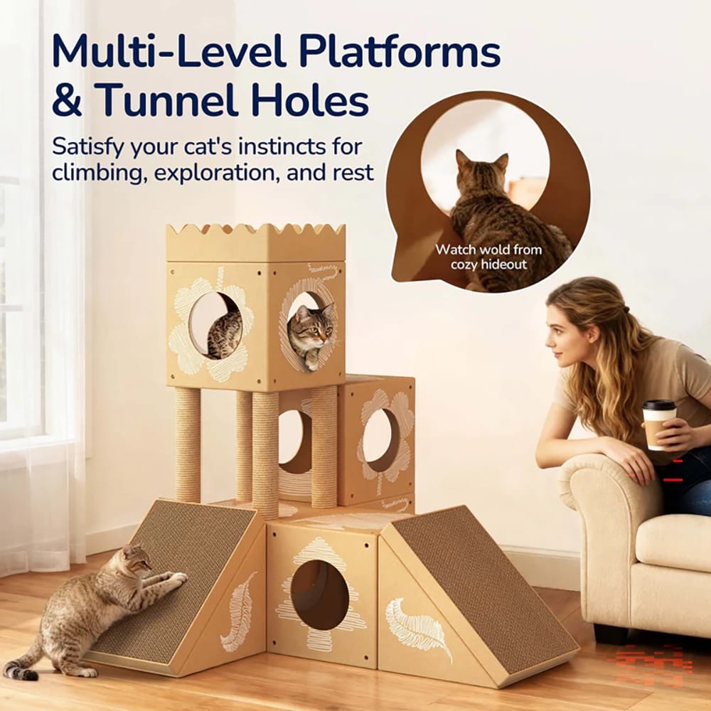 PalNests Small 3-in-1 Modular Cardboard Cat Tree & Scratcher House, Nature