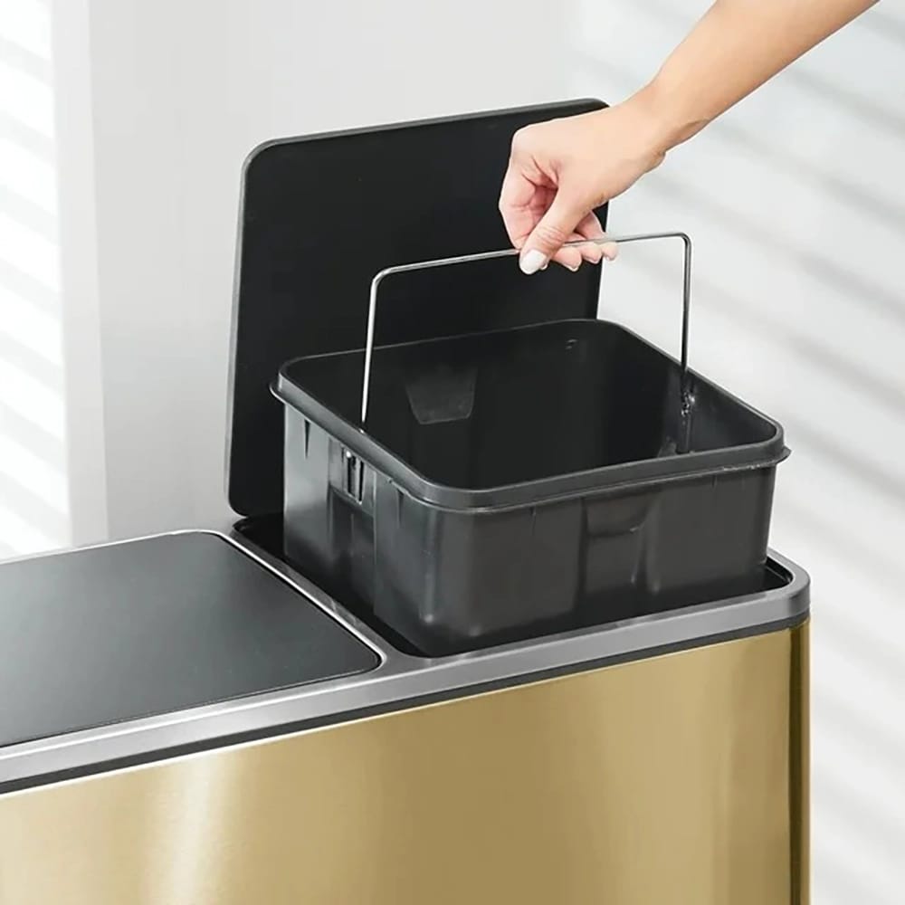 mDesign Metal Dual Compartment Step Trash Can, Soft Brass