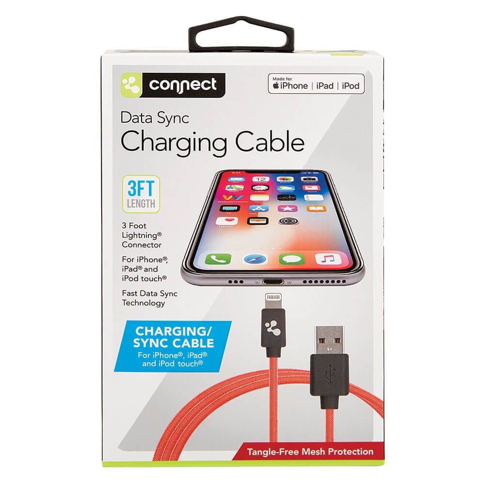 Connect Red Data Sync Lightning Charging Cable, 3'