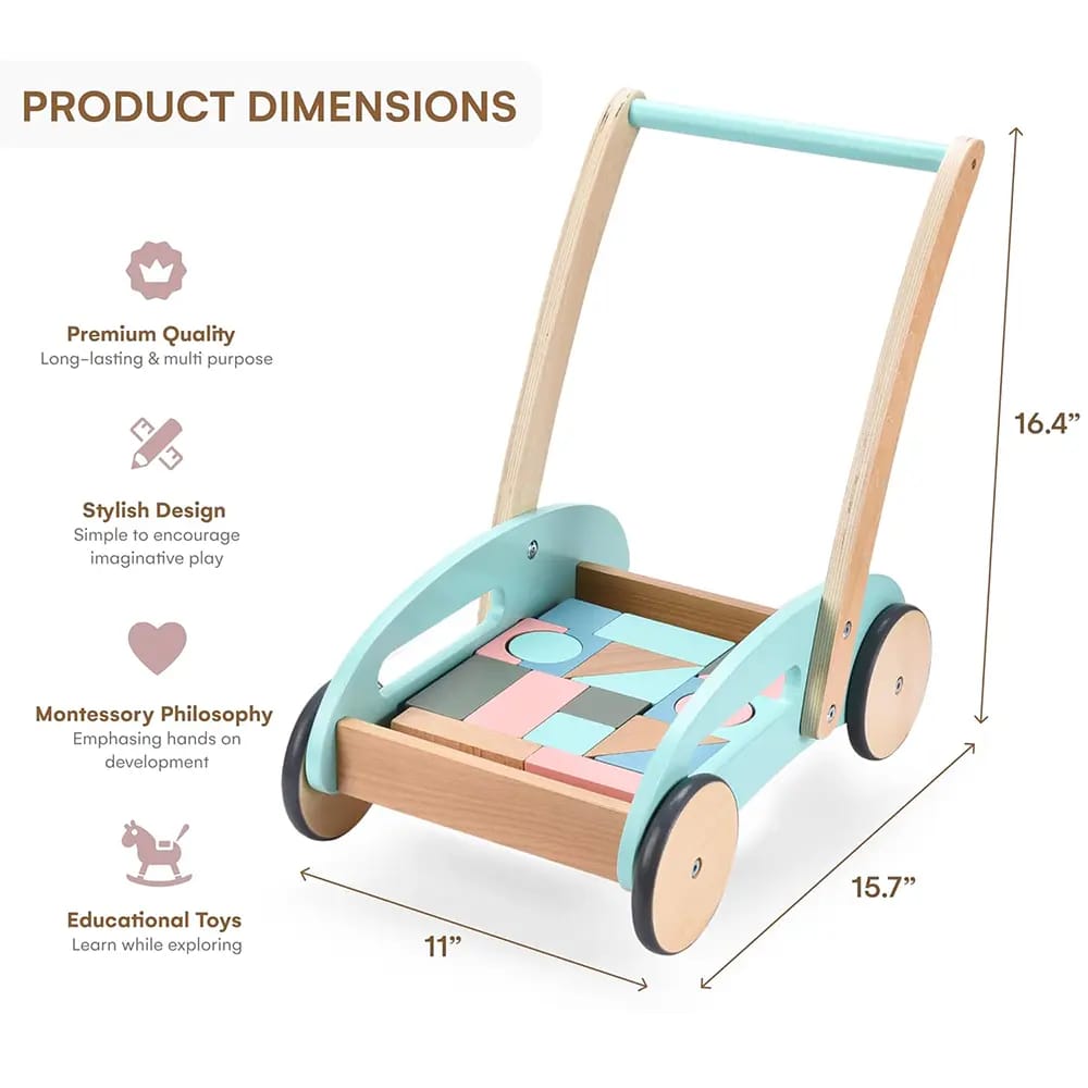 Childlike Behavior Wooden Baby Push Walker with Wheels, Green