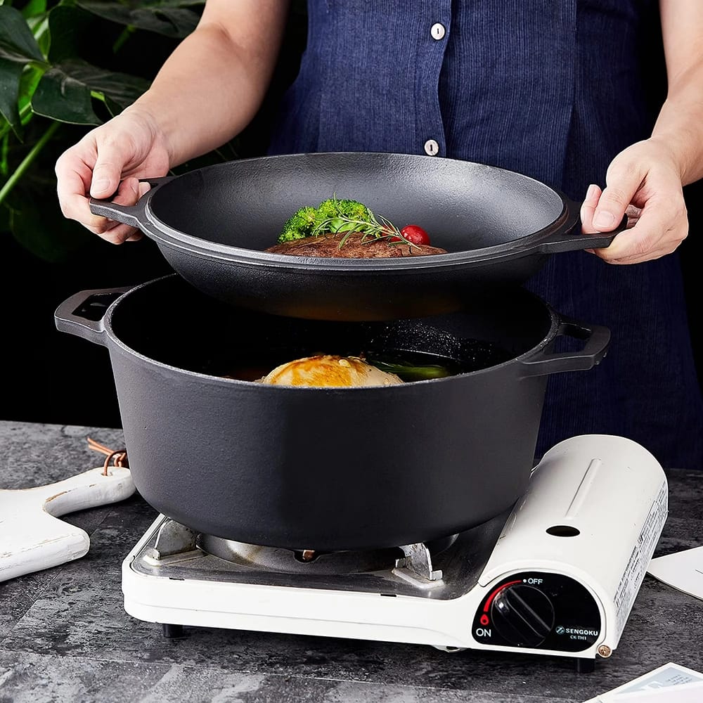 Bruntmor 7 Quart 2 In 1 Double Dutch Oven, Black