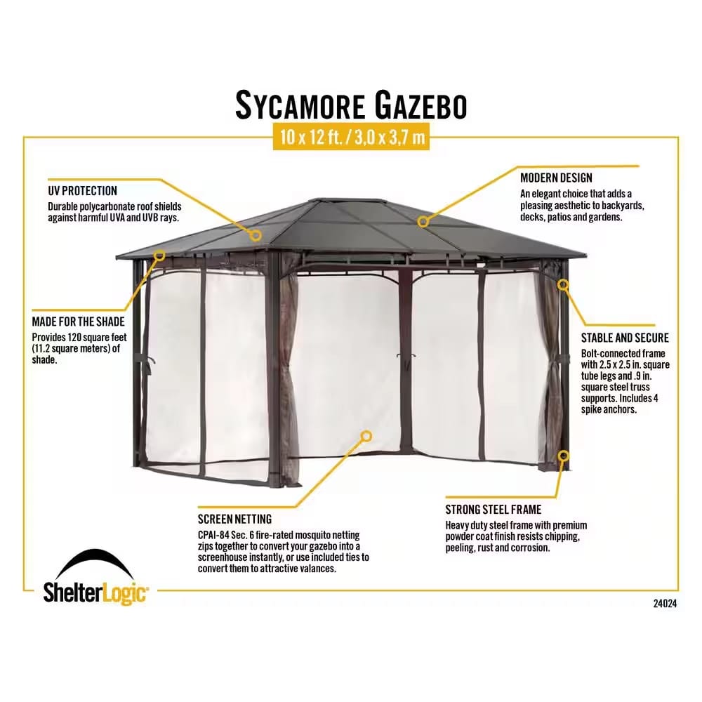 ShelterLogic 10' x 12' Sycamore Steel Frame Gazebo with Hardtop Roof, Dark Coffee