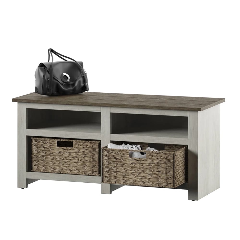 Twin Star Home Storage Bench with Baskets, Fairfax Oak