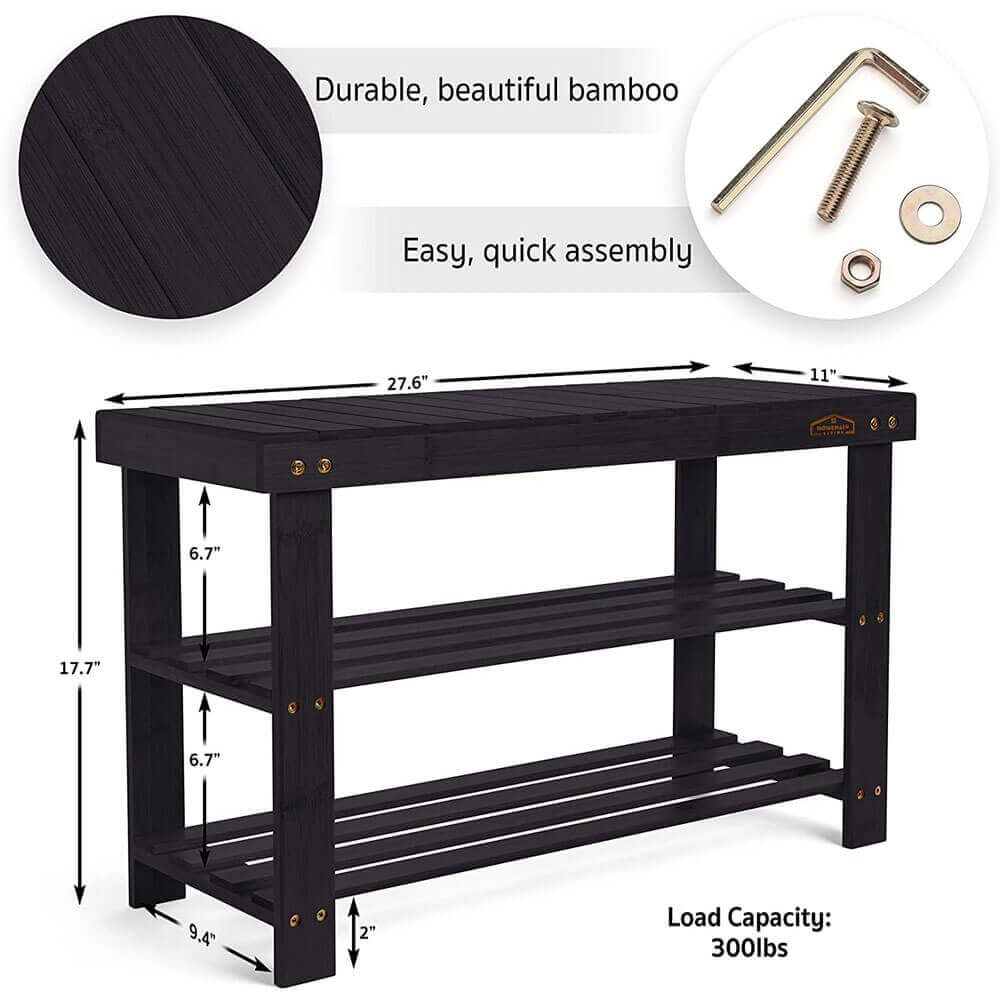 Homemaid Living 3-Tier Bamboo Shoe Rack & Bench, Black