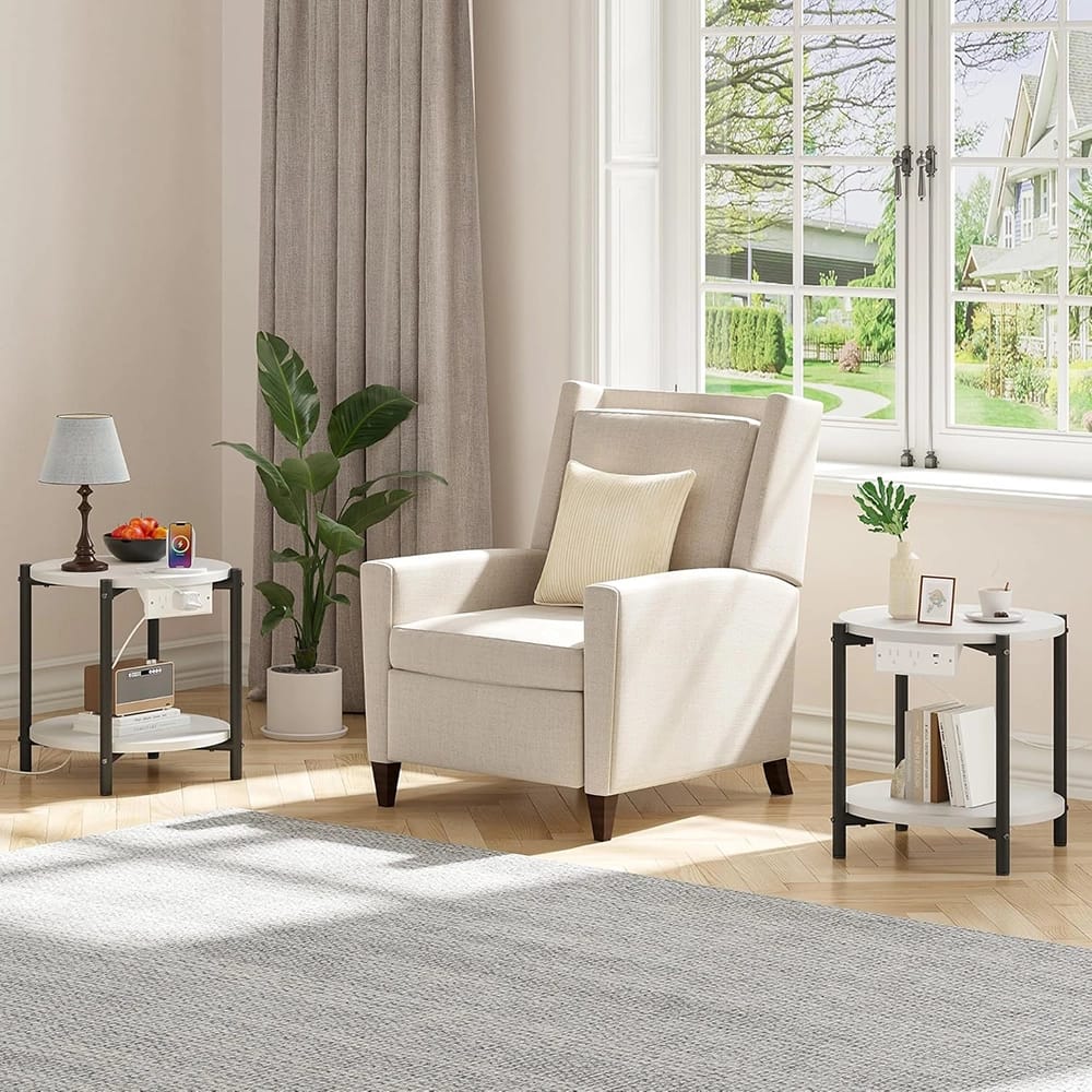 LIKIMIO 15.8" Double-Tiered Round End Tables with Charging Station, White, 2 Count