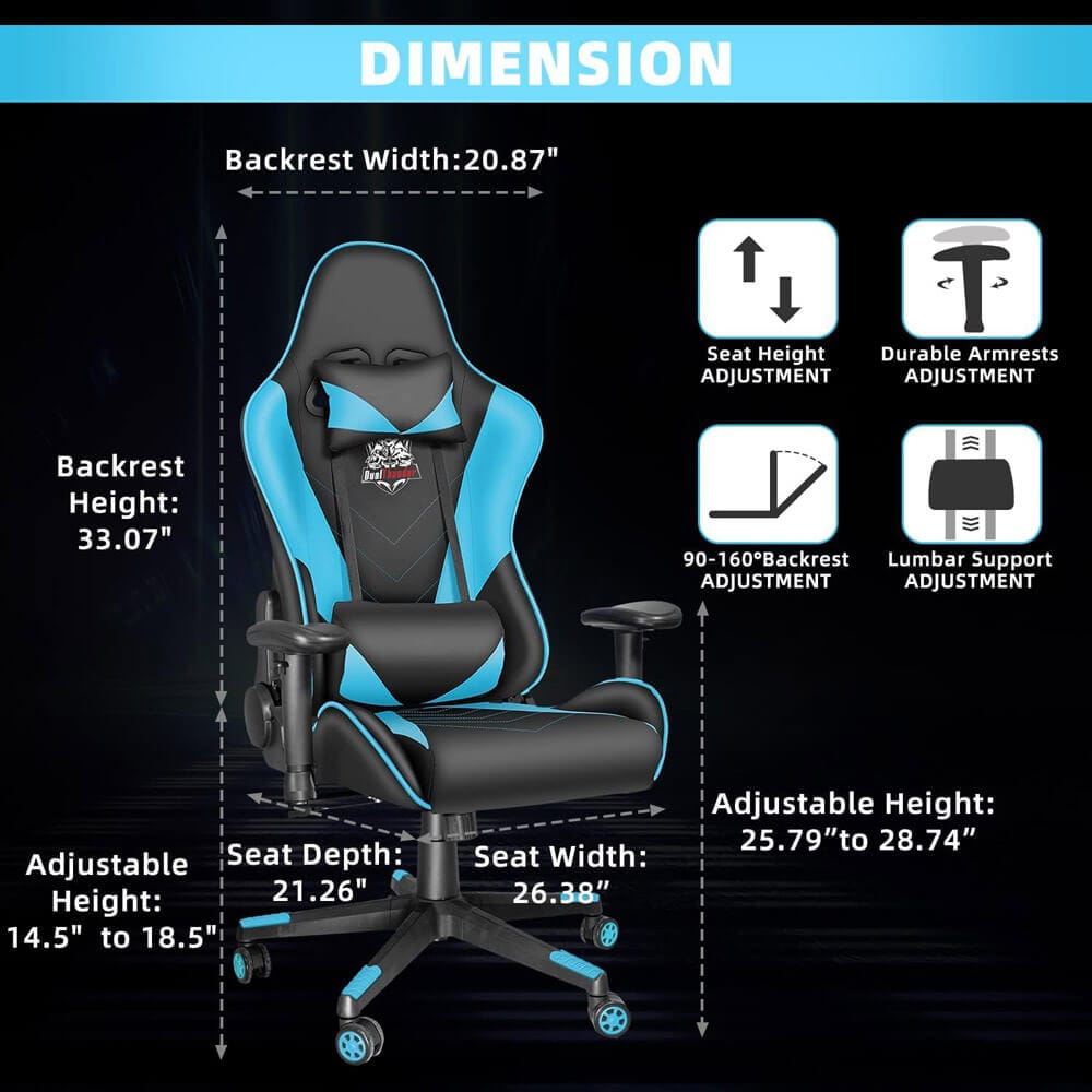 DualThunder Ergonomic High Back Gaming Chair, Blue/Black