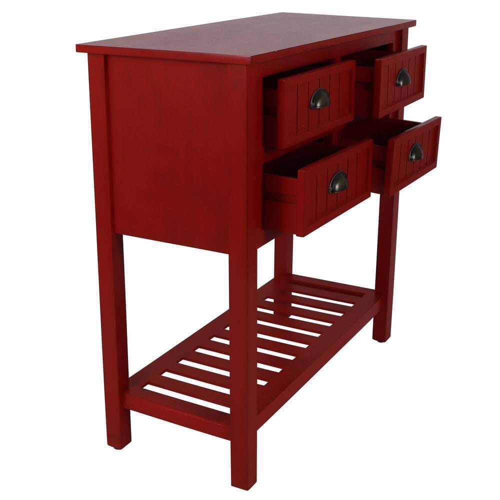 Bailey Beadboard 4-Drawer Console Table with Shelf, Antique Red