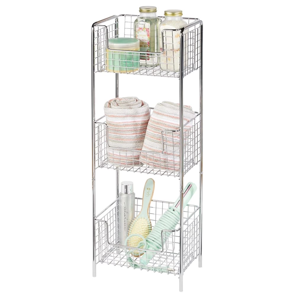 mDesign Steel Freestanding 3-Tier Storage Tower, Chrome